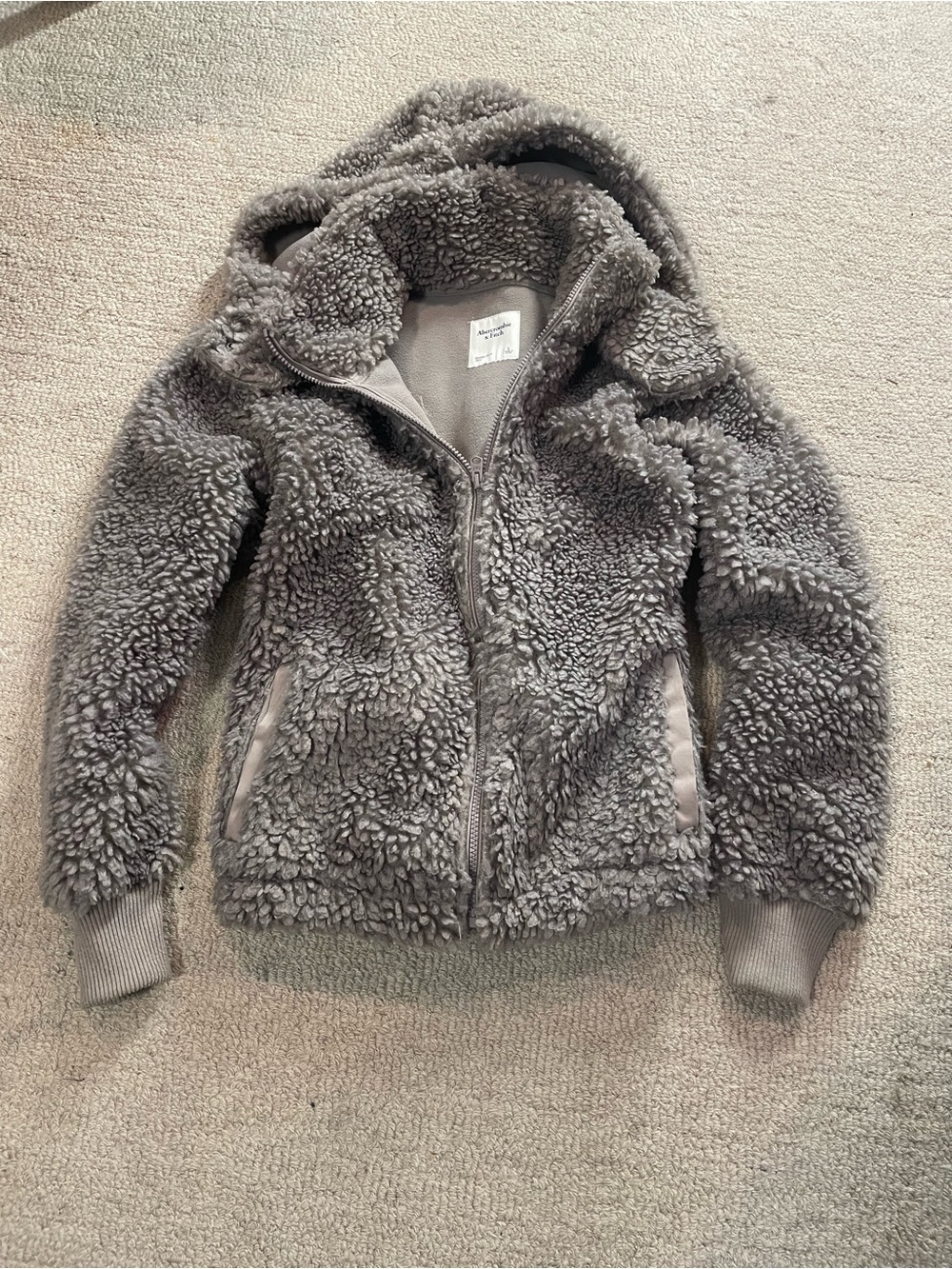 Abercrombie & Fitch Teddy Plush Sherpa Full-Zip Jacket w/Hood.-Taupe/Gray Size L
